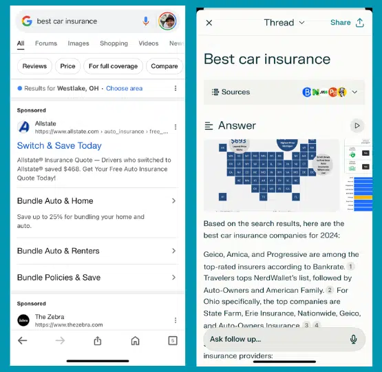 Google Vs Perplexity Results Best Car Insurance
