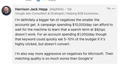 Harrison Jack Hepp LinkedIn comment on negative keywords