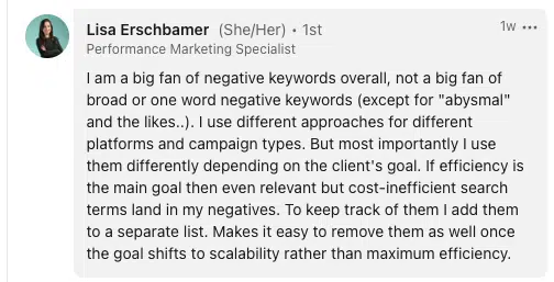 Lisa Erschbamer LinkedIn comment on negative keywords