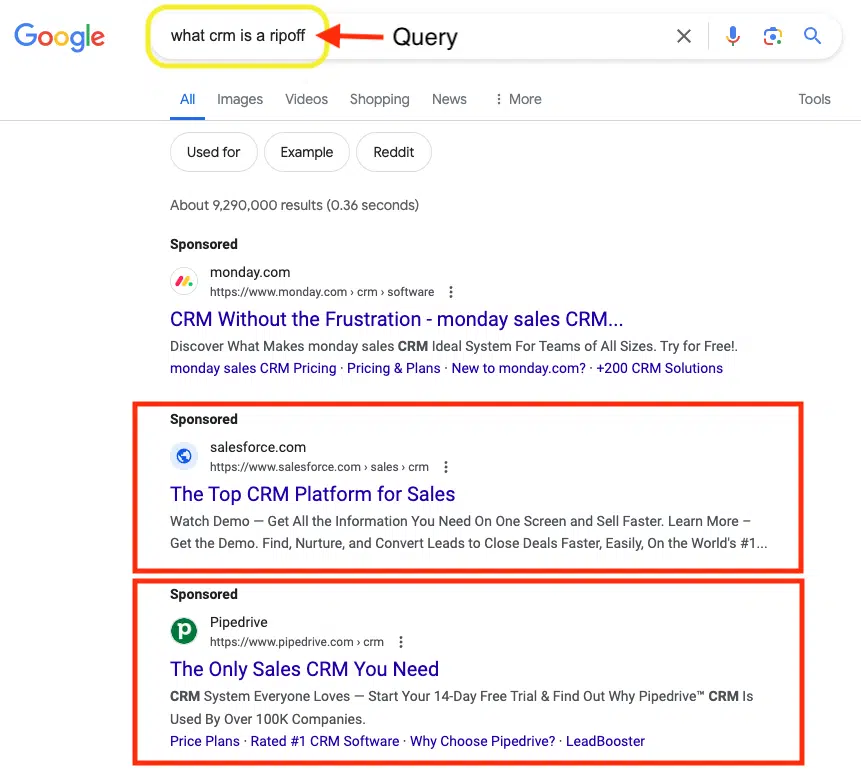 SERPs for what crm is a ripoff