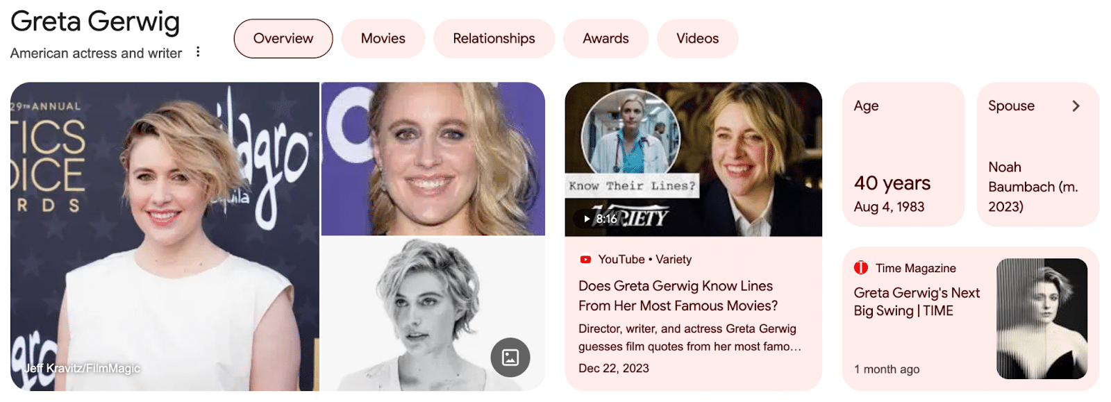 SERPs features - Greta Gerwig