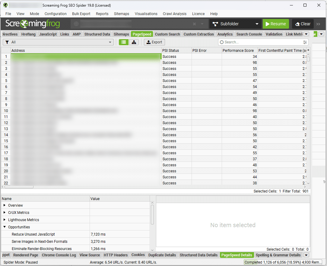 Screaming frog - Page speed 1