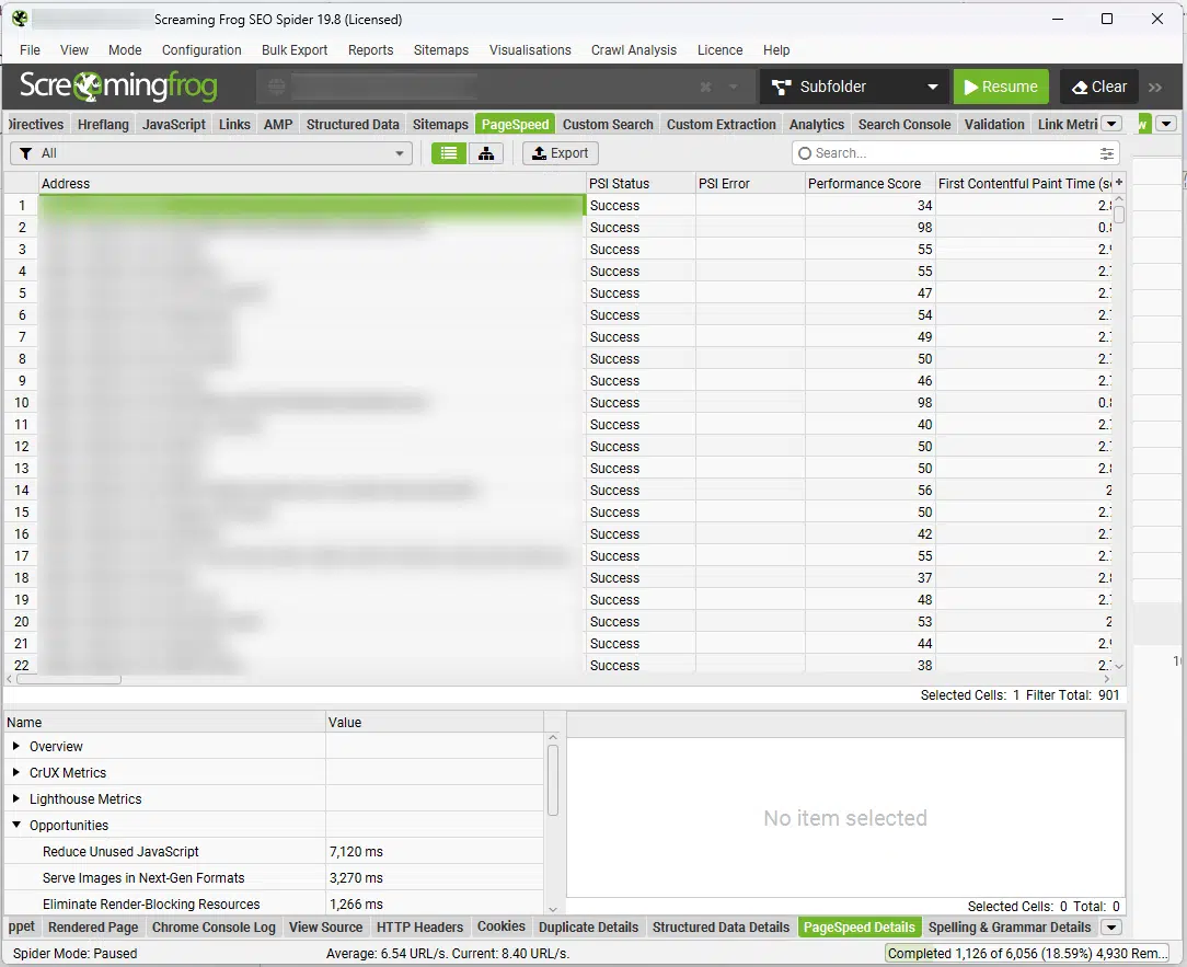 Screaming frog - Page speed 1