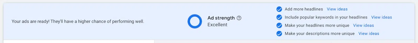 Above: When creating or editing a RSA, an Ad strength score will show at the top of the box