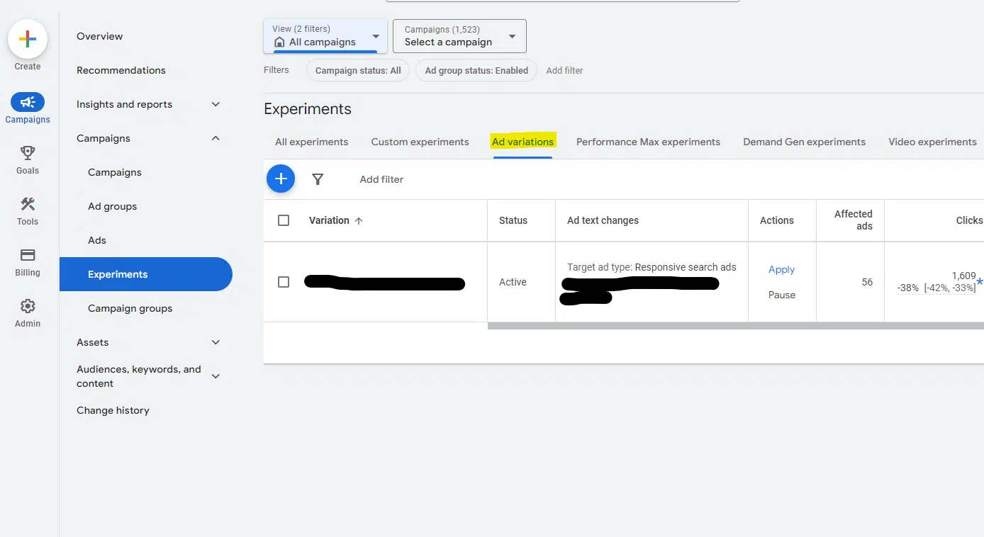 Google Ads - Campaigns > Experiments