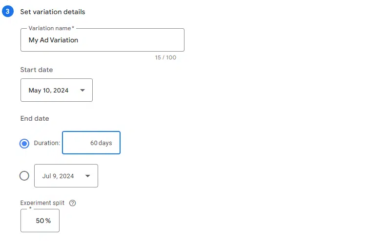 Google Ads - Set variation details
