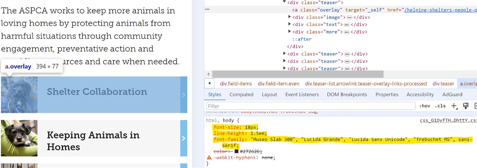 Inspect element - find font size and line height