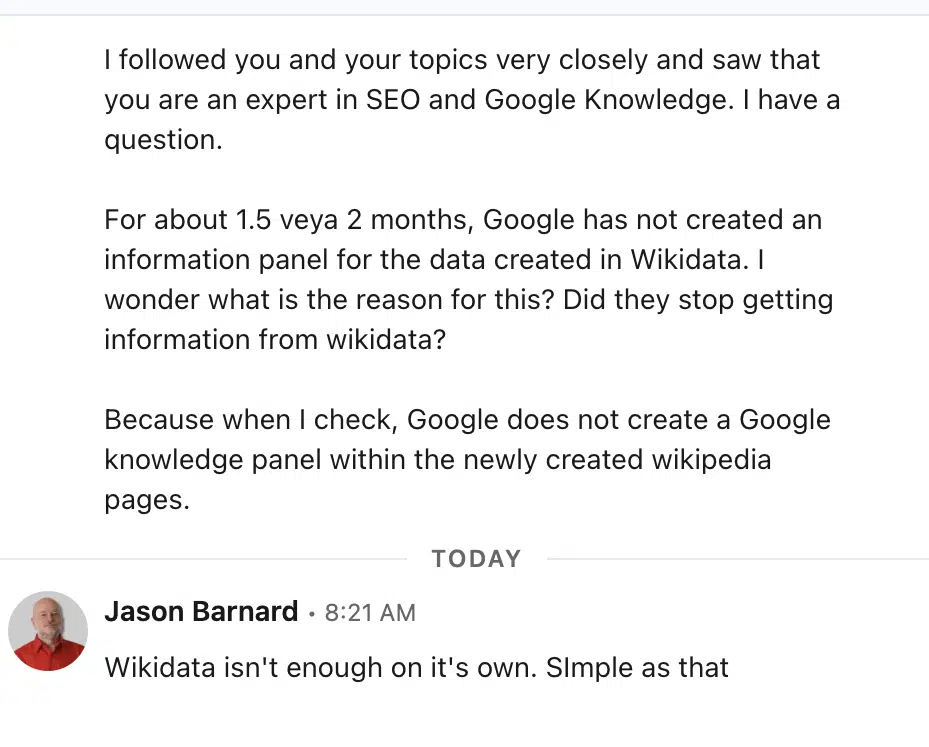 LinkedIn message re Wikidata