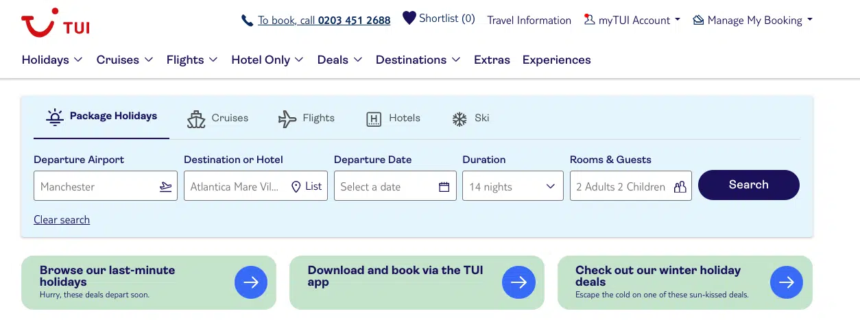Tui website - faceted search buttons