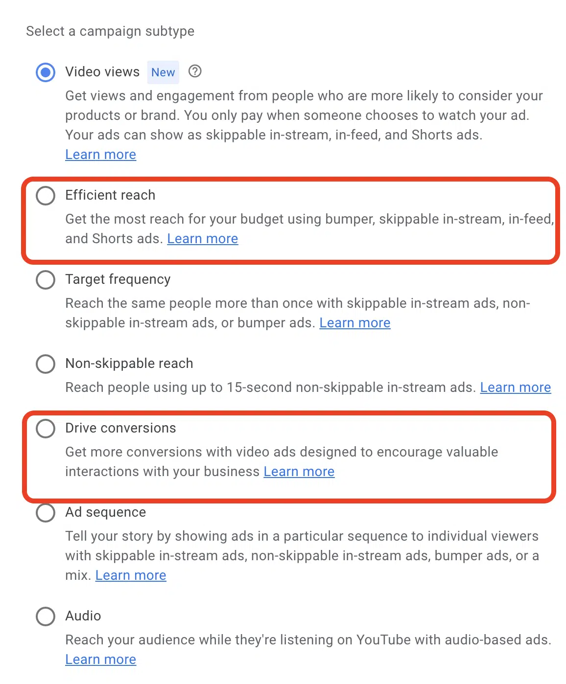 YouTube ad campaign subtype options