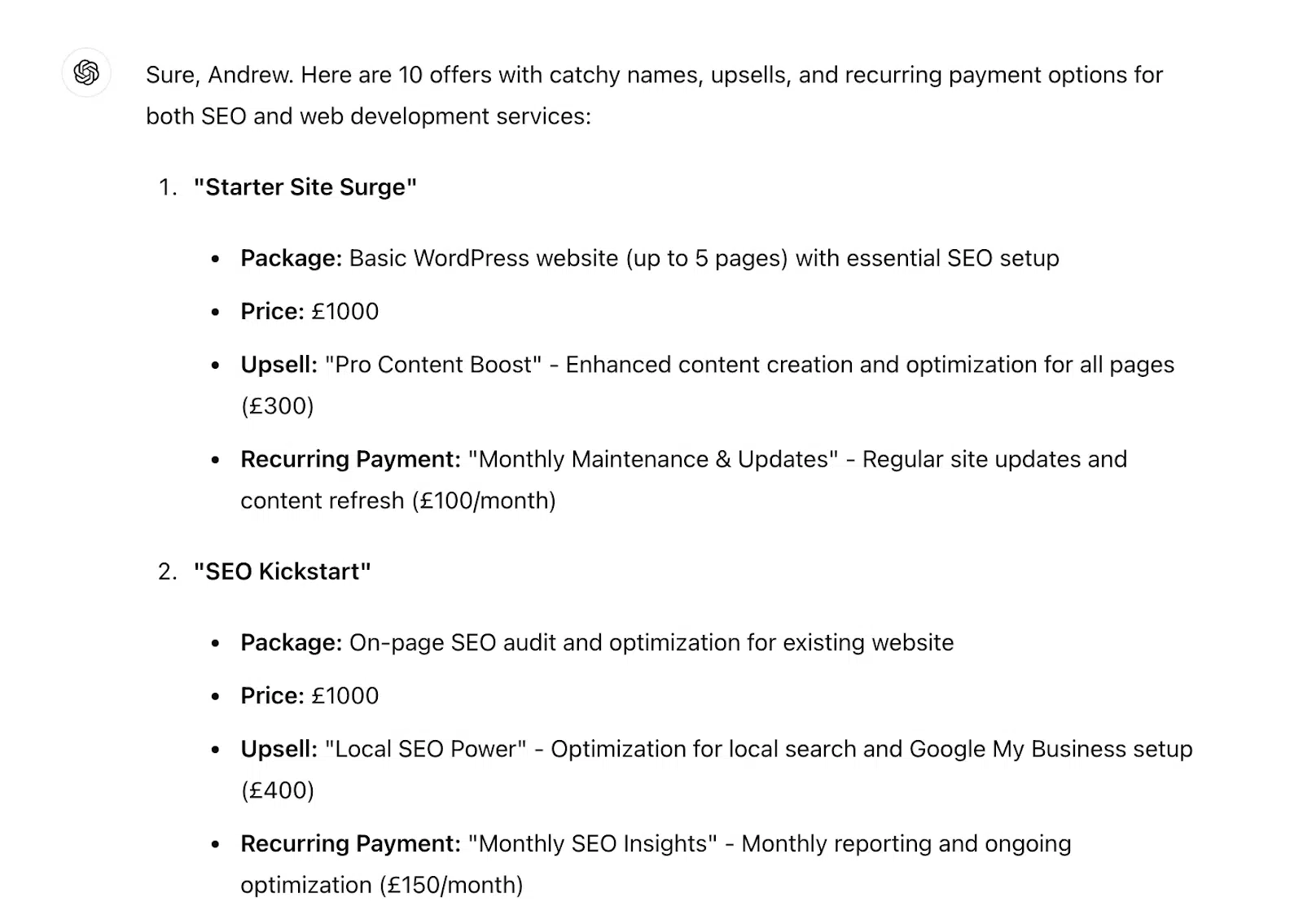 ChatGPT output - SEO offers example