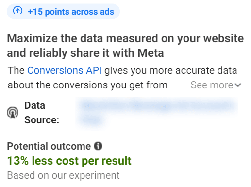 Example of Meta’s estimation of projected improvements when the Meta Conversion API is implemented vs. the traditional Meta pixel.