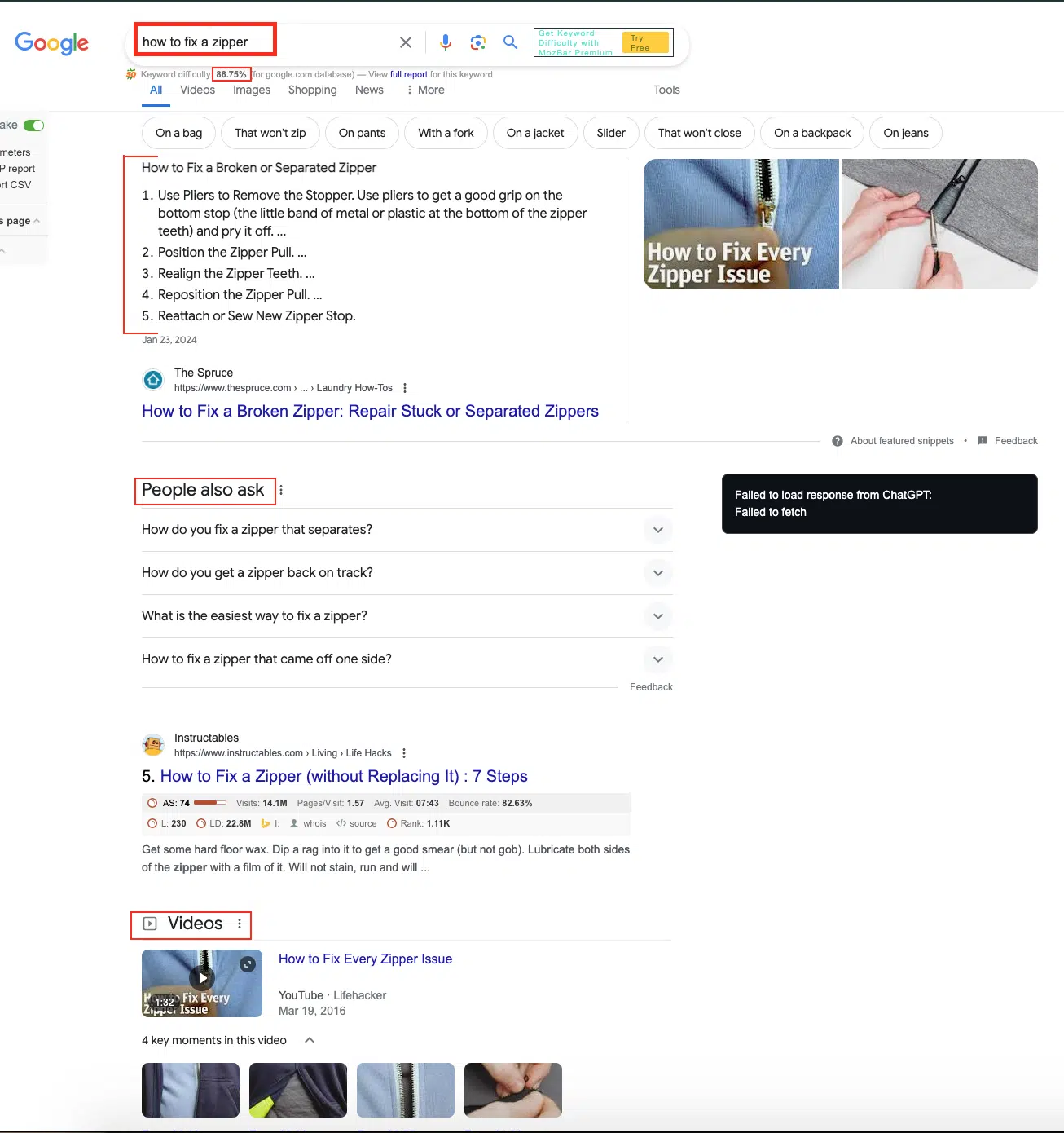 Google Search - how to fix a zipper