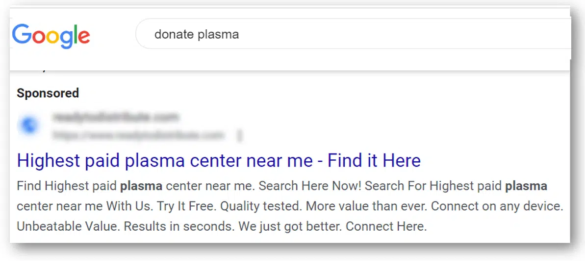 Google Ads - Plasma donation RSA fail