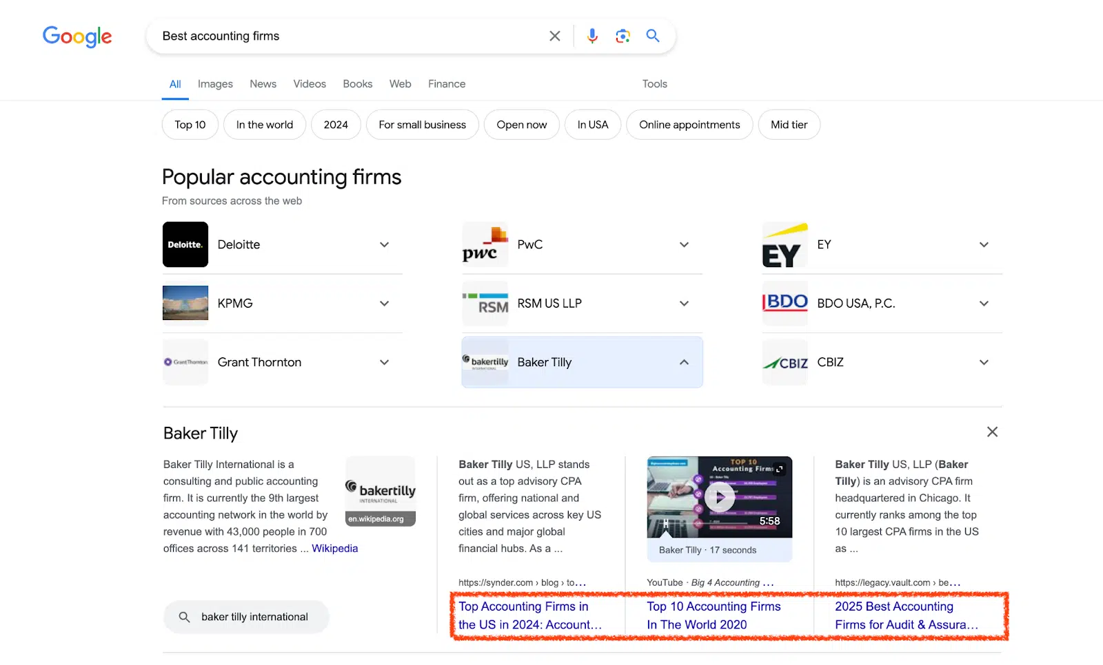 Google Search - Best accounting firms 'best of' lists