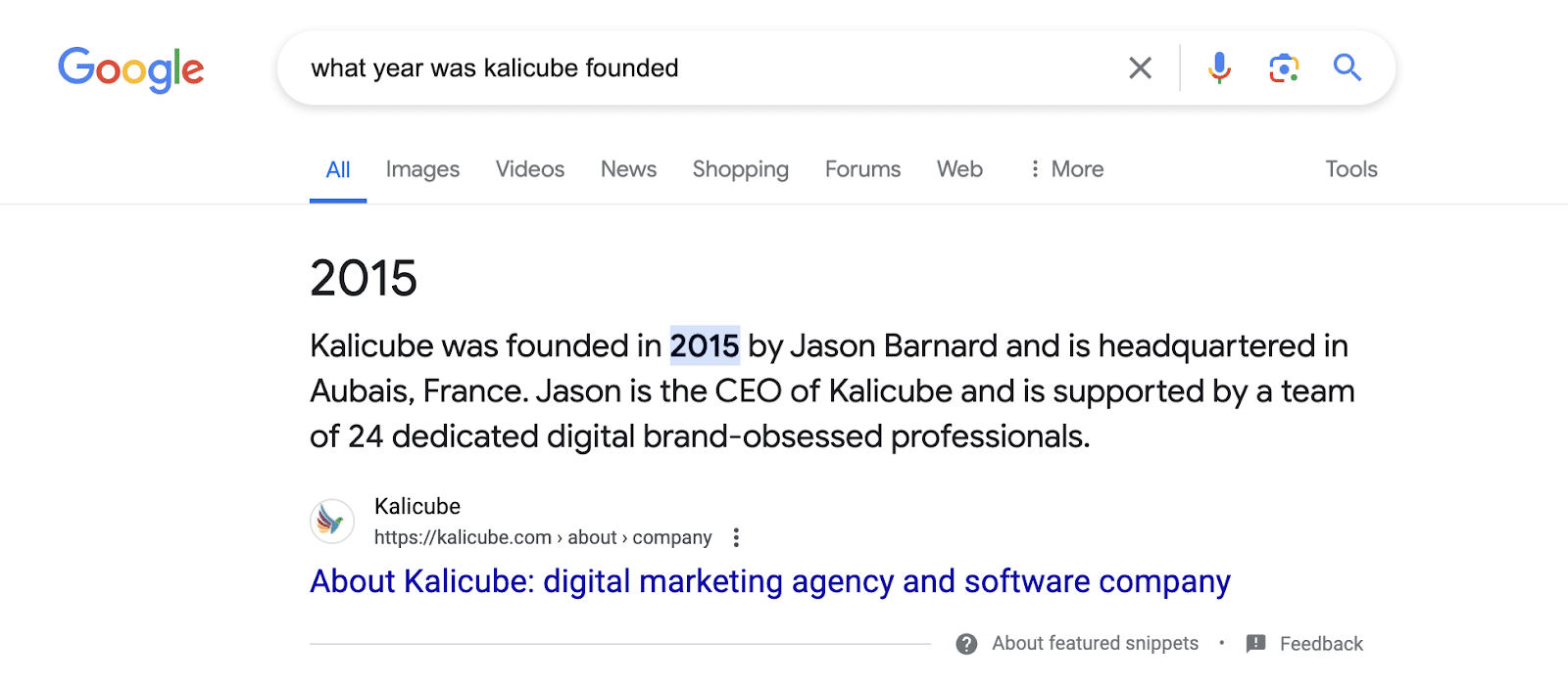 Google Search - What year was Kalicube founded