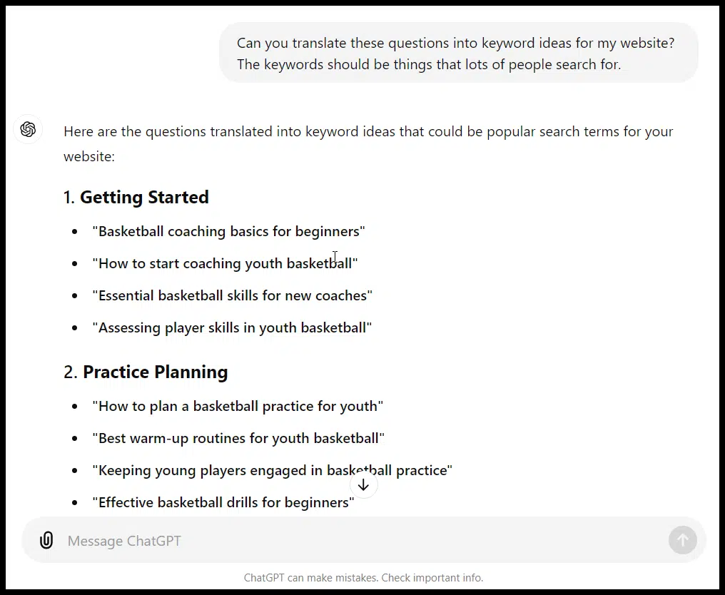 ChatGPT - Translate questions into keyword ideas
