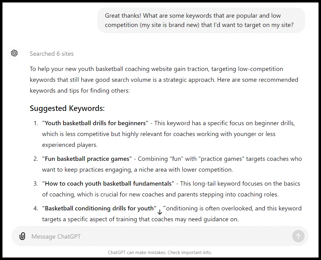 ChatGPT - Youth basketball keywords
