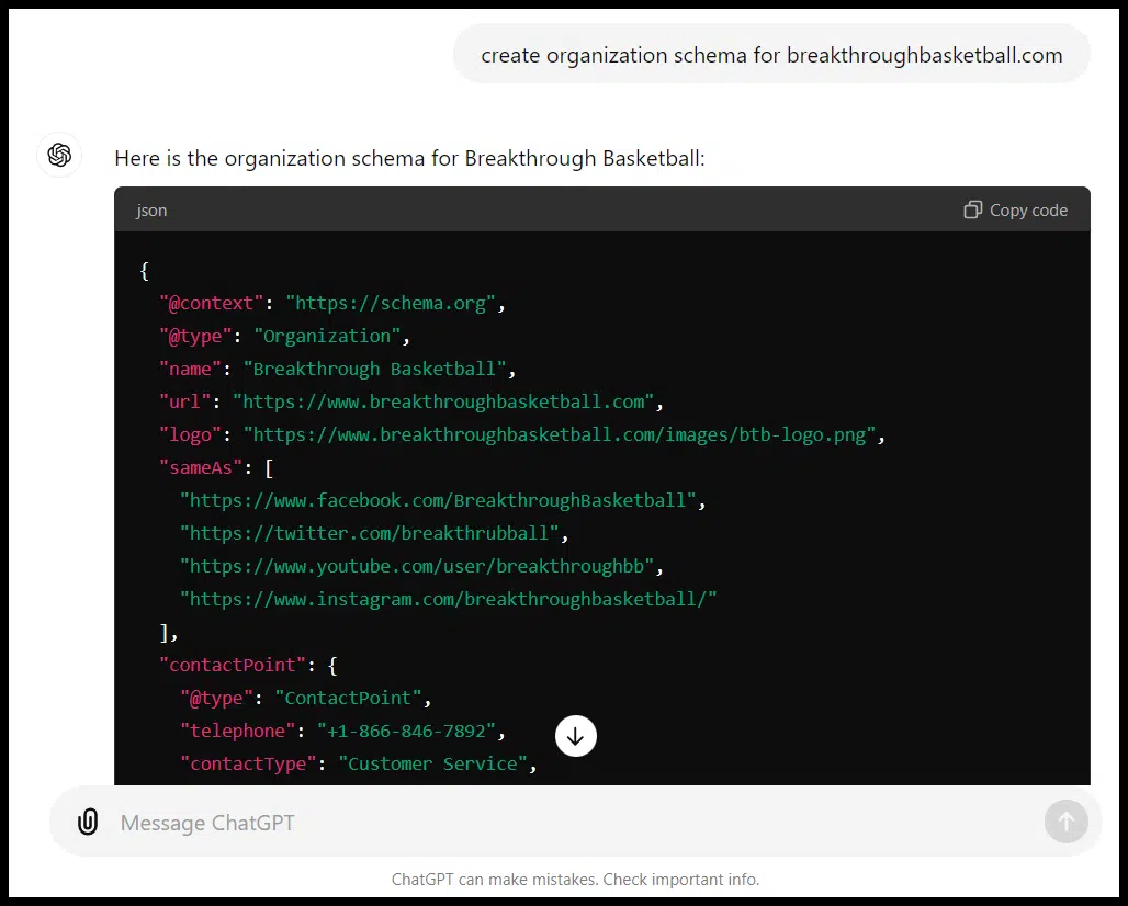 ChatGPT organization schema
