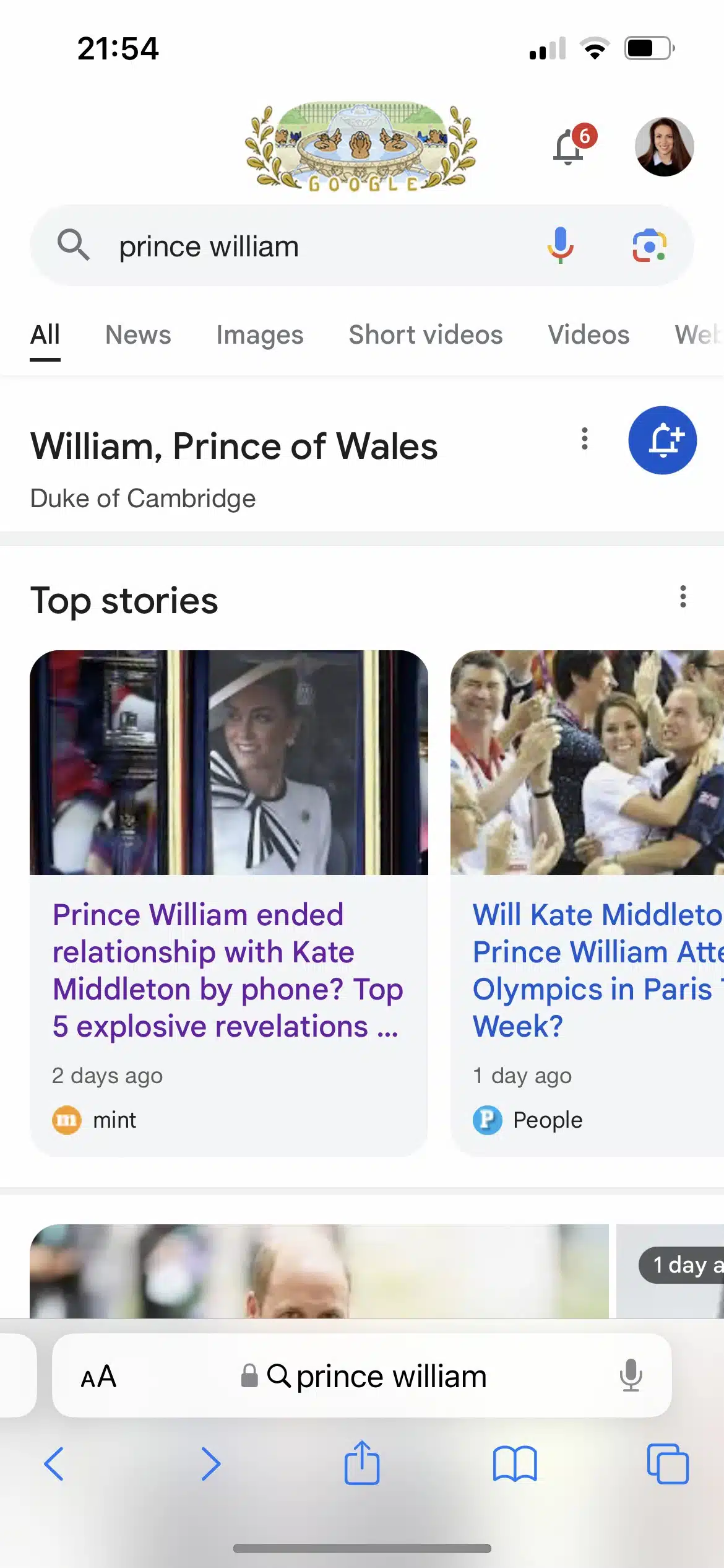 Google search for “Prince William” returned only international publishers in the Top stories carousel