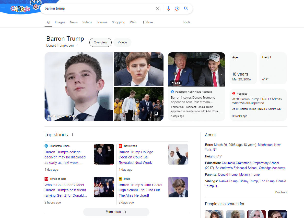 Barron Trump search query in Google