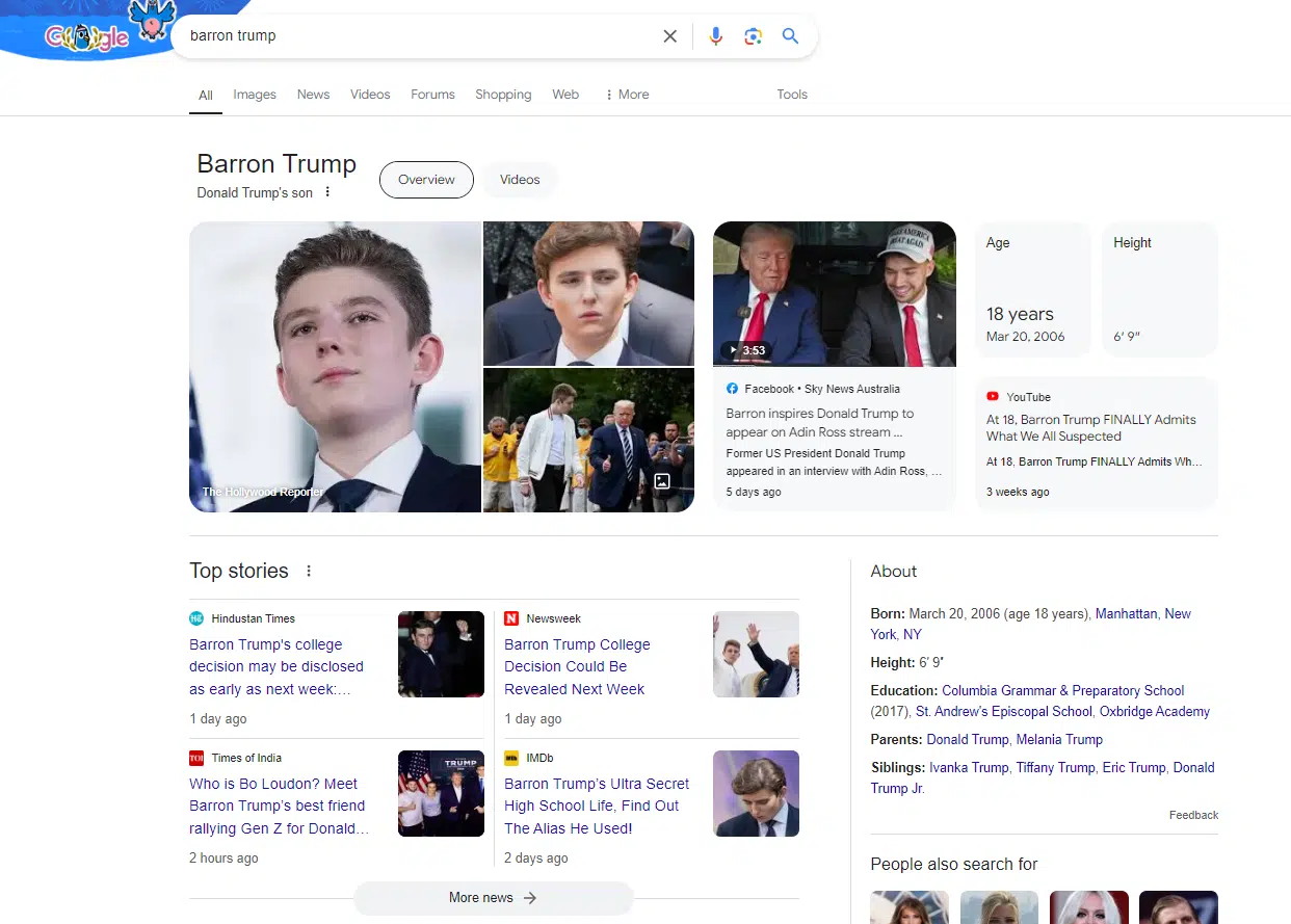 Barron Trump search query in Google