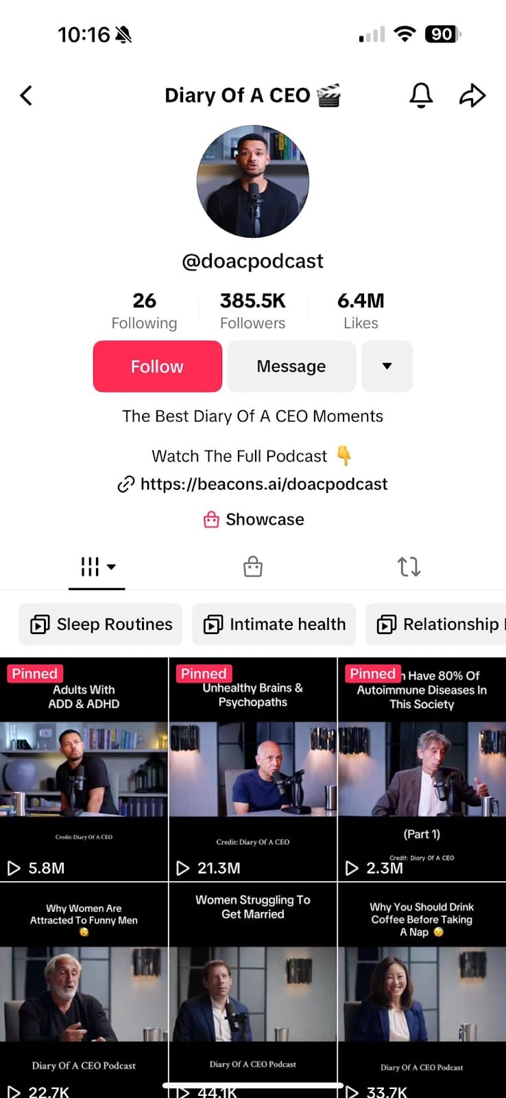 The Diary of a CEO TikTok channel effectively using “clips” to encourage users to listen to full episodes. 