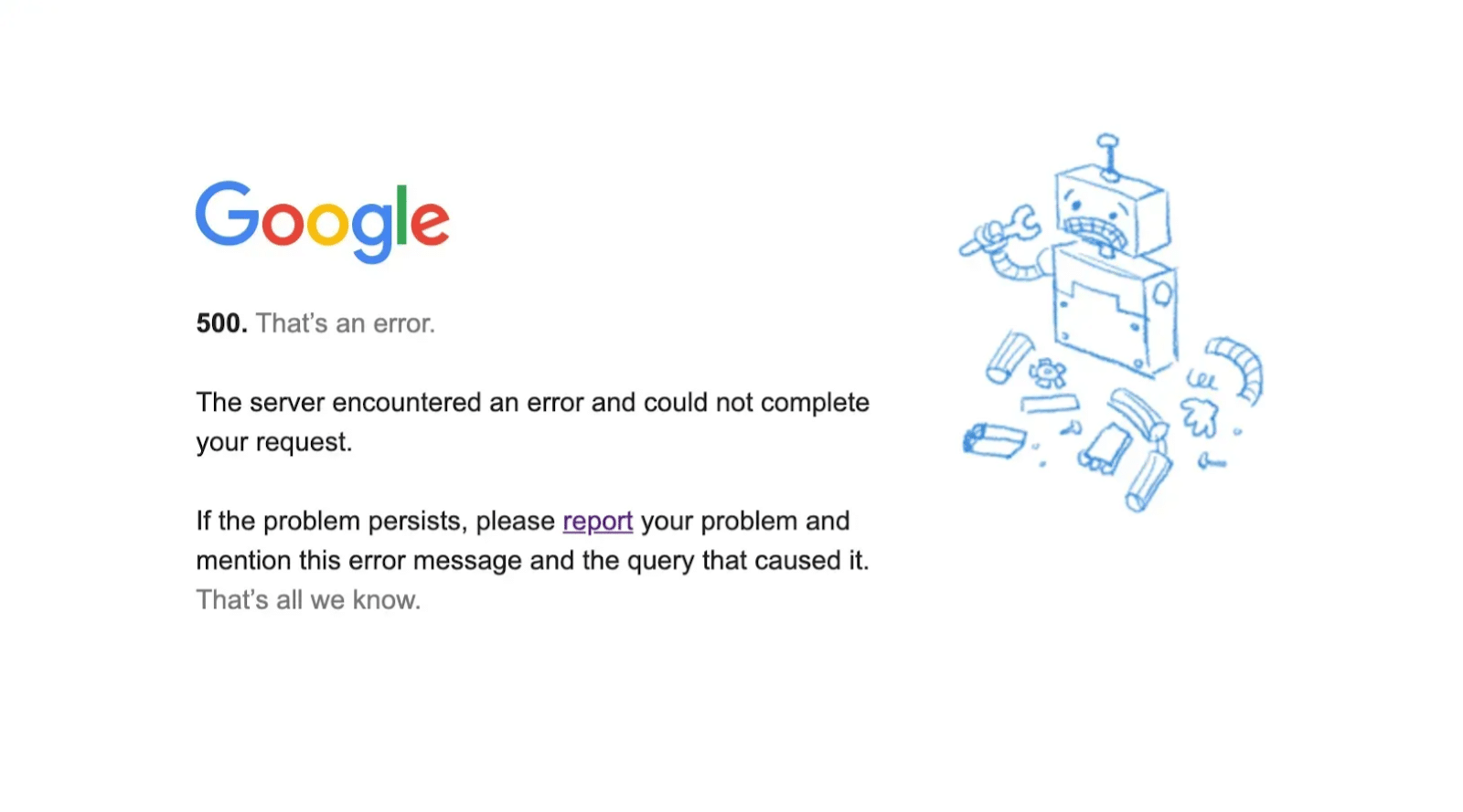 Google, 500 error example