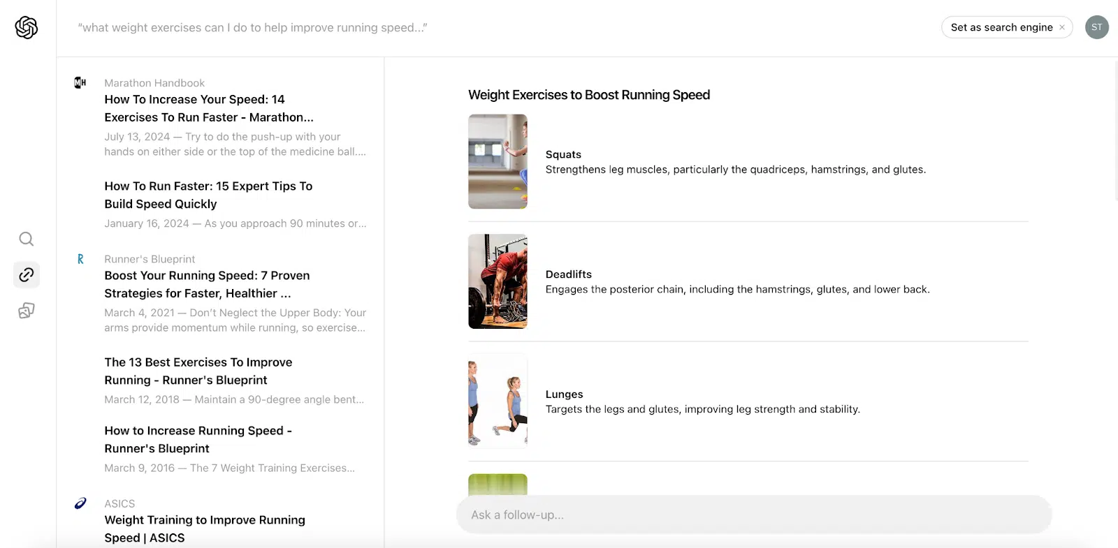 SearchGPT - What weight exercises can I do to help improve running speed
