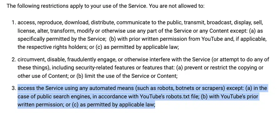 YouTube terms of service