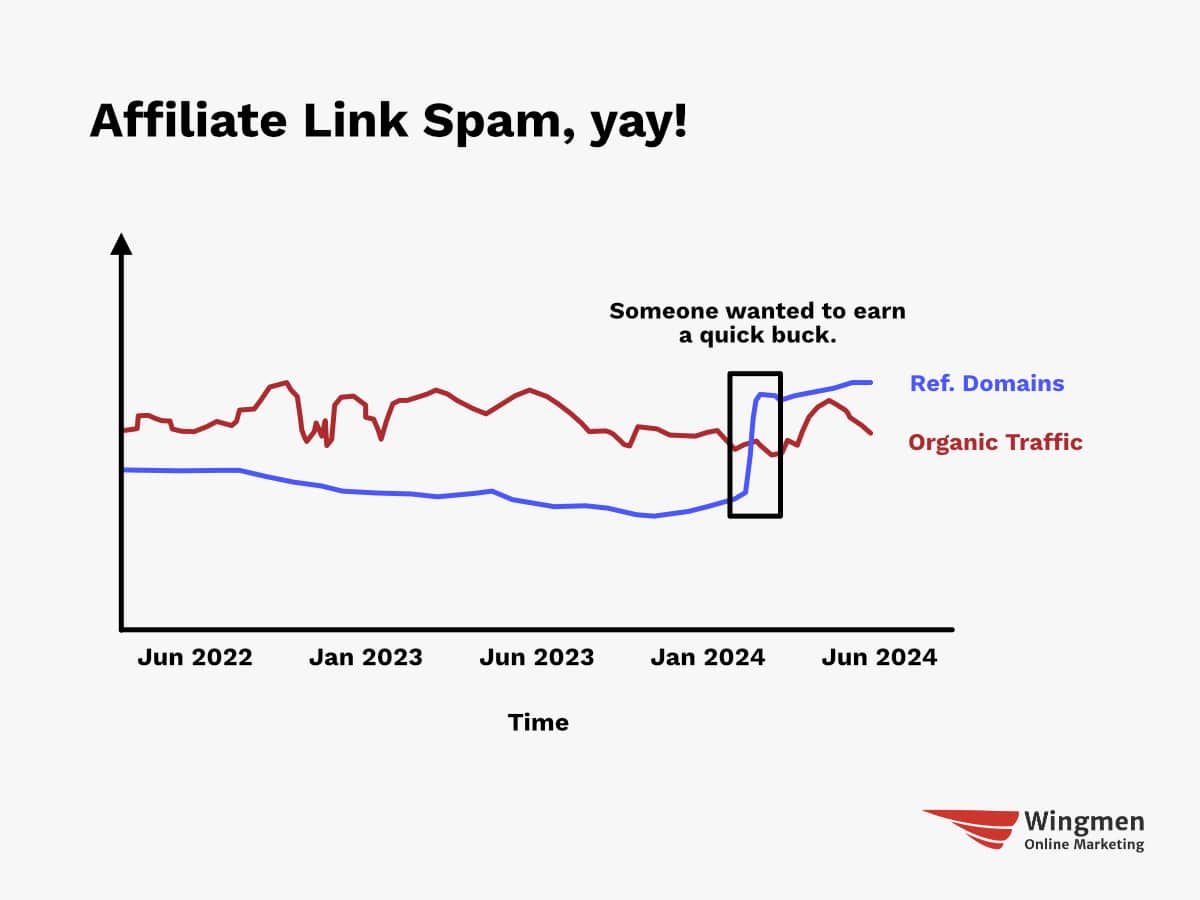 A graph showing organic traffic and referring domains across the span of 2022 to 2024. In February 2024 the curve for referring domains exploded. There is another text in the image that says "Someone wanted to earn a quick buck"