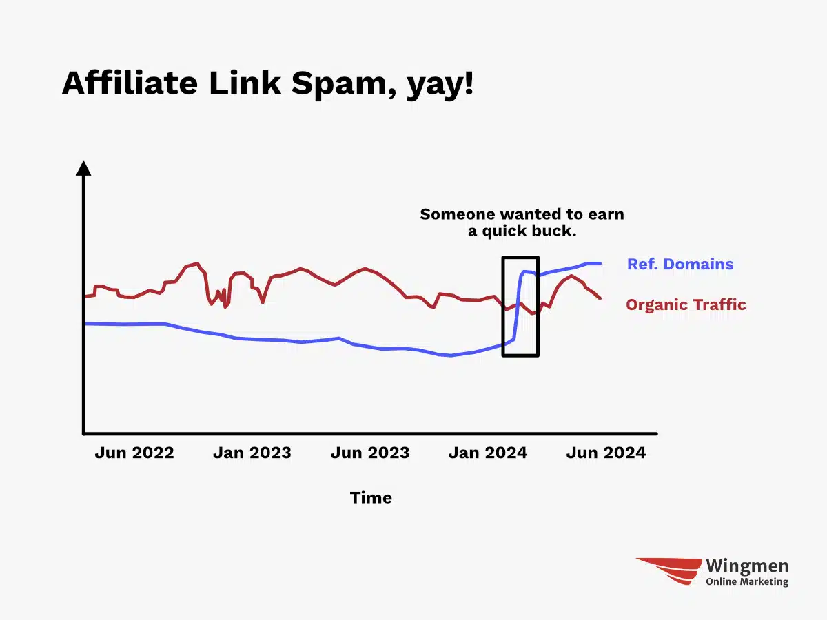 A graph showing organic traffic and referring domains across the span of 2022 to 2024. In February 2024 the curve for referring domains exploded. There is another text in the image that says 