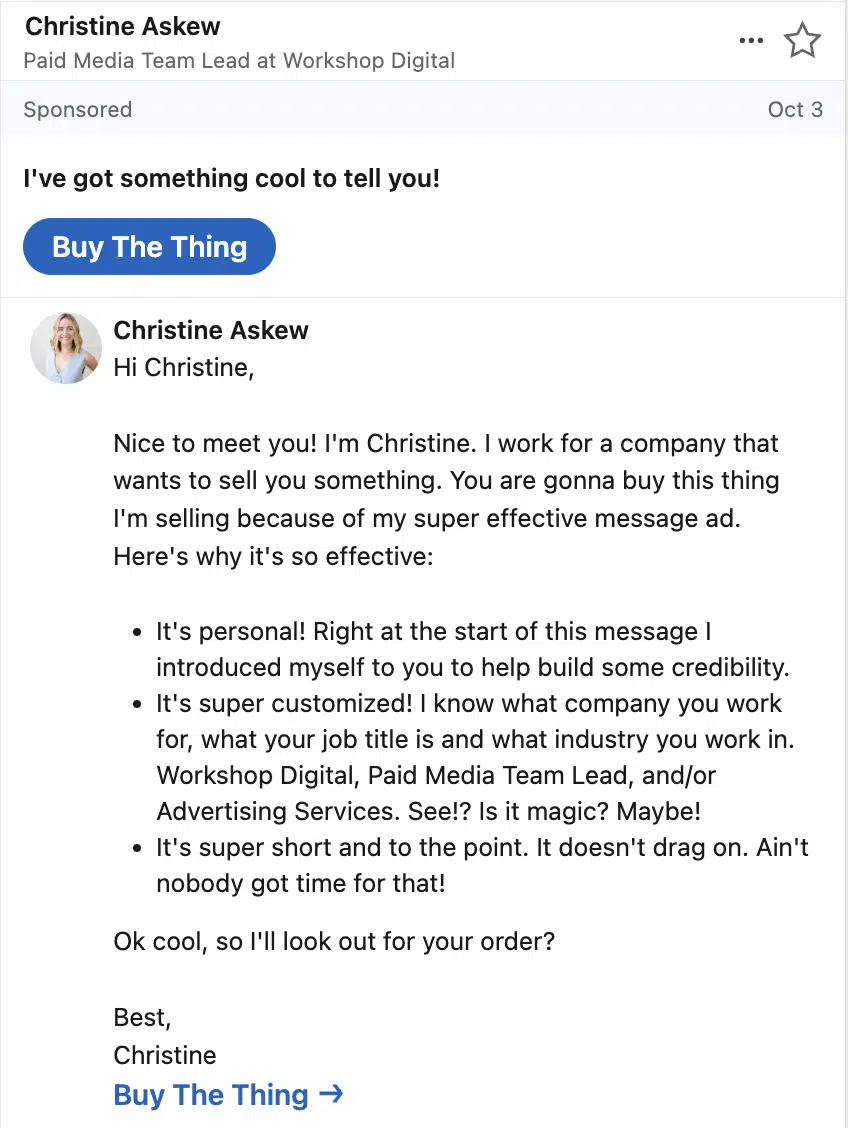 Example of a LinkedIn Message Ad