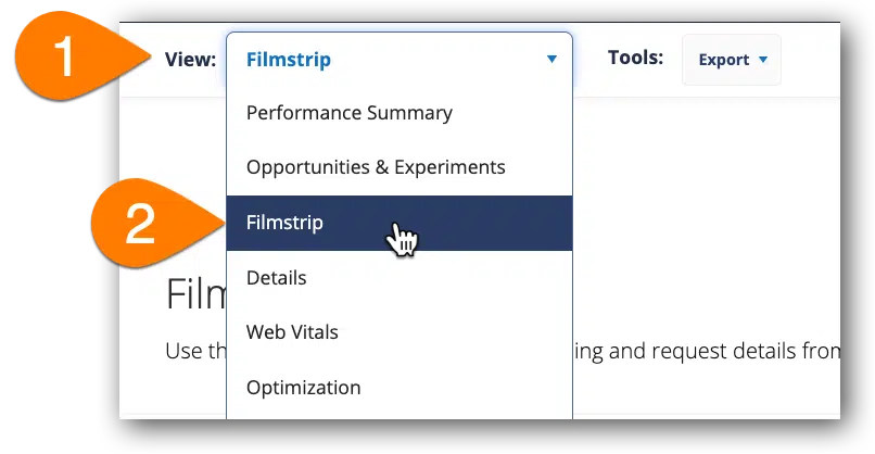 Vista de tira de película en WebPageTest.org