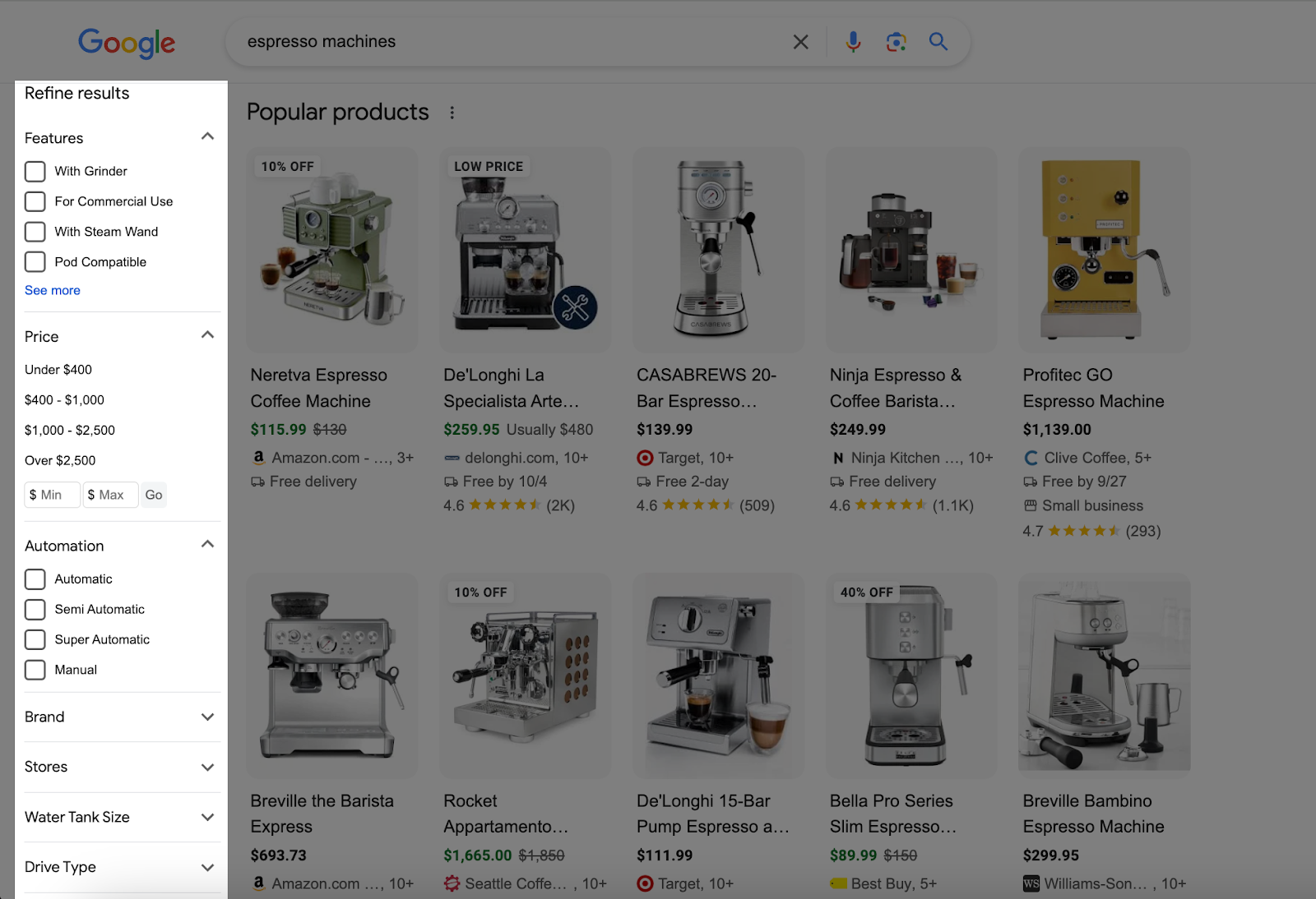 Google SERPs Refine results - espresso machines