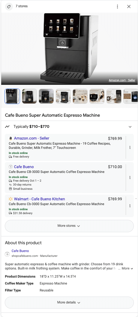 Google SERPs - automatic espresso machines with grinder clicked product