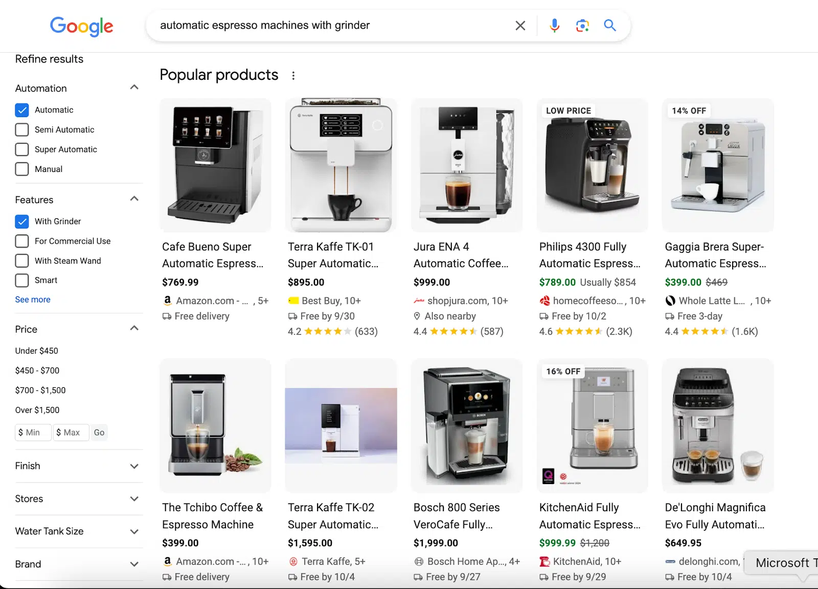 Google SERPs - automatic espresso machines with grinder