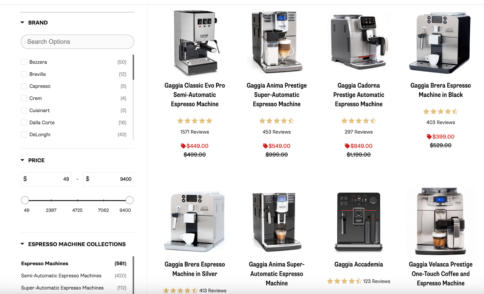 Google SERPs - espresso machines organic listing