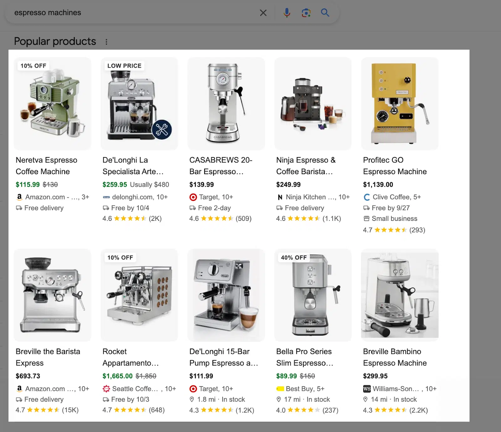 Google SERPs - espresso machines