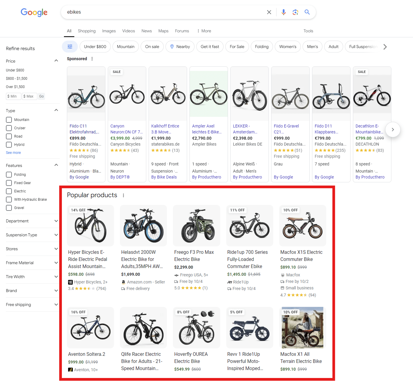 An example SERP for the keyword ebikes. Beneath the sponsored ads and refinement options, there is an integration called "Popular products". Under the headline there is a grid of 5 products in each row. No regular organic listing is in sight.