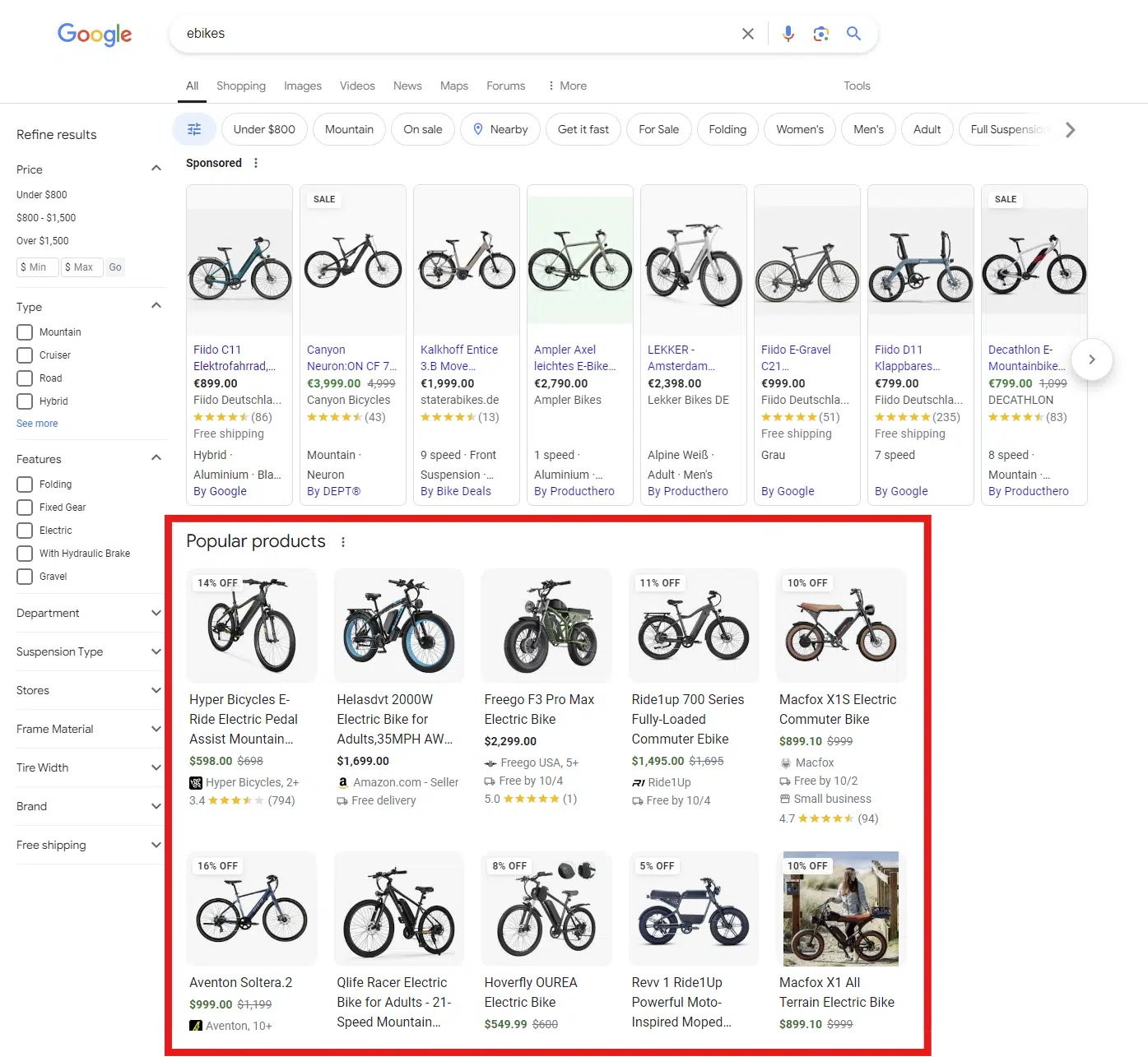 An example SERP for the keyword ebikes. Beneath the sponsored ads and refinement options, there is an integration called 