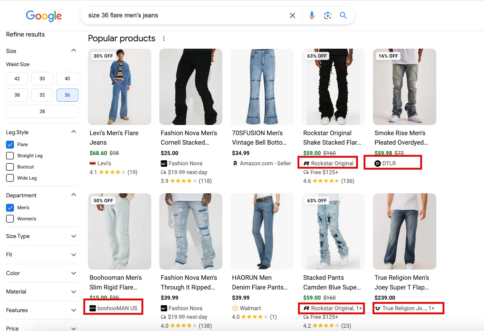 Google Shopping - size 36 flare jeans