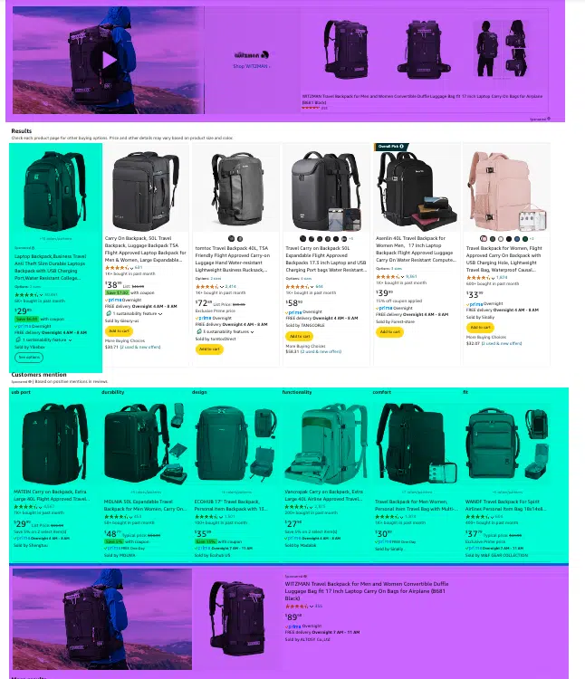 Sponsored Brand Ads in Purple, Sponsored Products Ads in Green. Most of the search engine result pages on Amazon are now dominated by ads. 