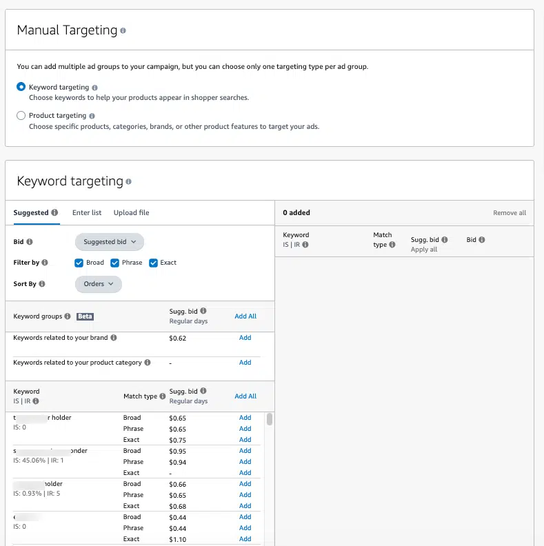 Targeting for Sponsored Products can be based on keywords and product targeting. It is recommended that you always test multiple match types for each target.