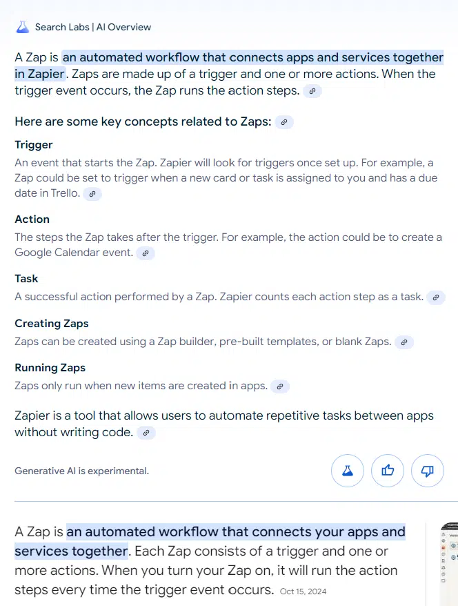 What is a zap in Zapier - featured snippet and AIO