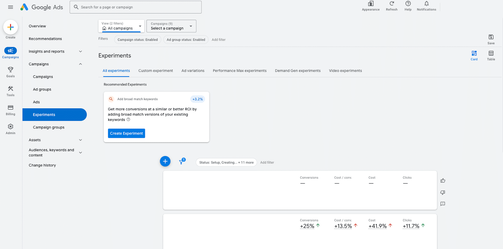 A screenshot of the ‘Experiments’ feature in Google Ads