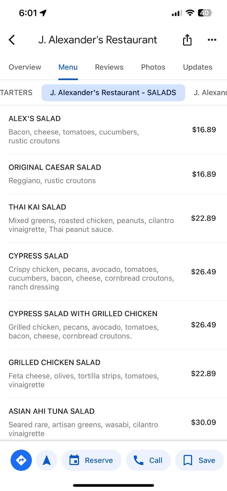 Example of a GBP listing with menu