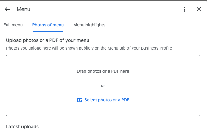 GBP - Option to upload photos or PDF of menu