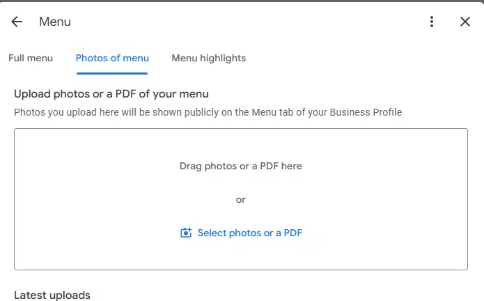 GBP - Option to upload photos or PDF of menu