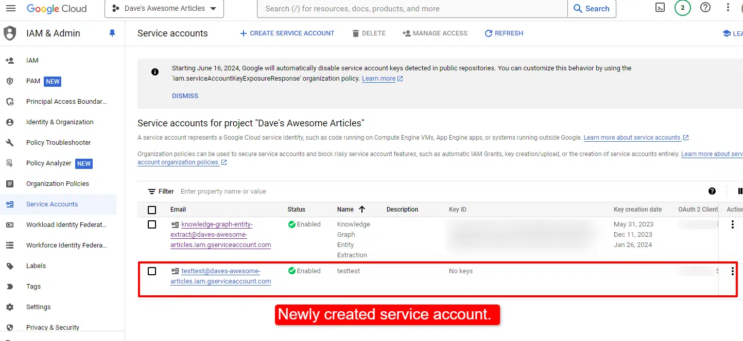 Google Cloud - Newly created service acount